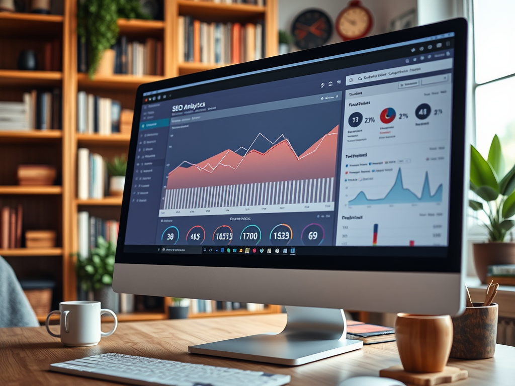 На экране монитора отображаются графики и аналитика SEO. Фон – уютный кабинет с книгами и растениями.