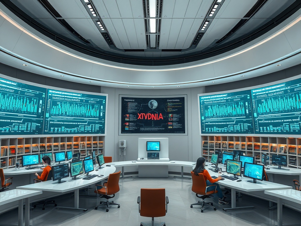 Современный контрольный центр с несколькими экранами и двумя операторами за компьютерами.