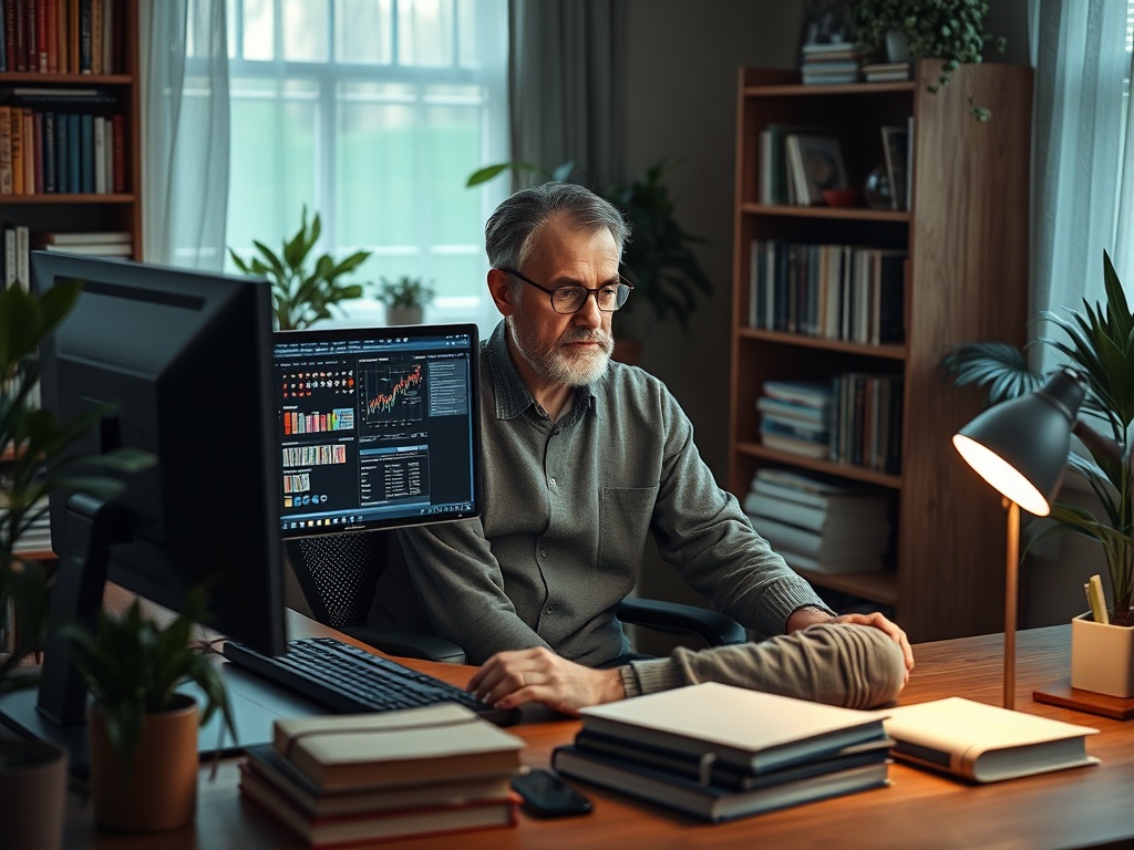 Пожилой мужчина в очках работает за компьютером, окружённый книгами и зелеными растениями в уютном офисе.