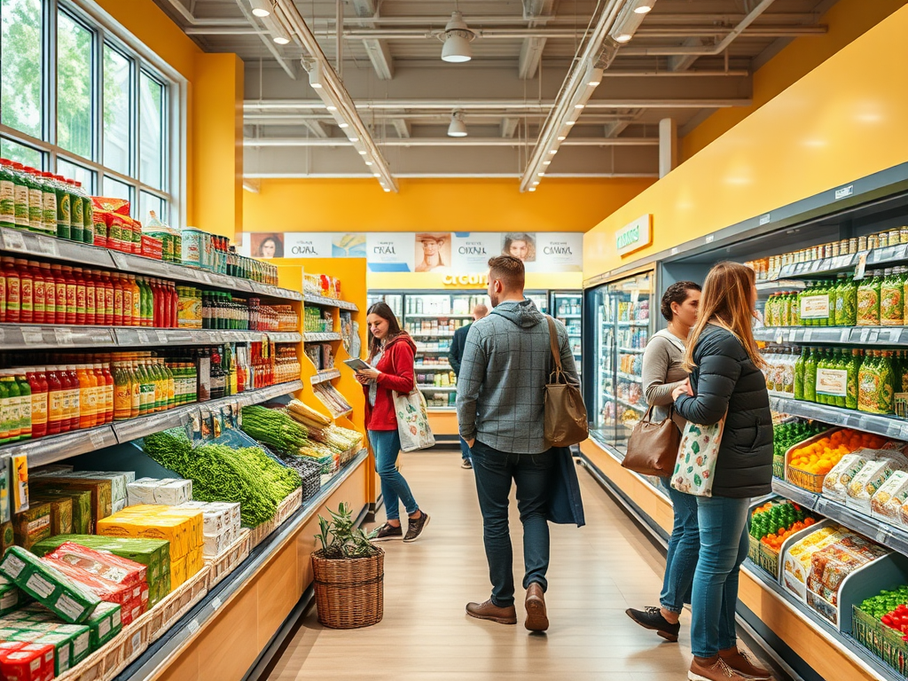 Посетители супермаркета выбирают продукты на полках с соками и овощами. Яркие цвета и удобная атмосфера.