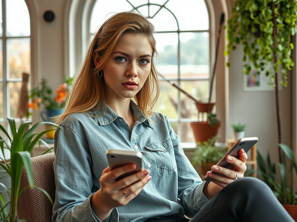 Молодая женщина сидит среди зелёных растений с двумя смартфонами в руках, внимательно смотрит вперёд.