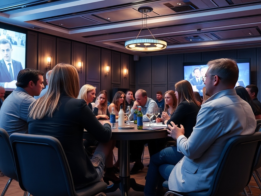 Группа людей обсуждает идеи за круглым столом в современном помещении. На стене проектор.