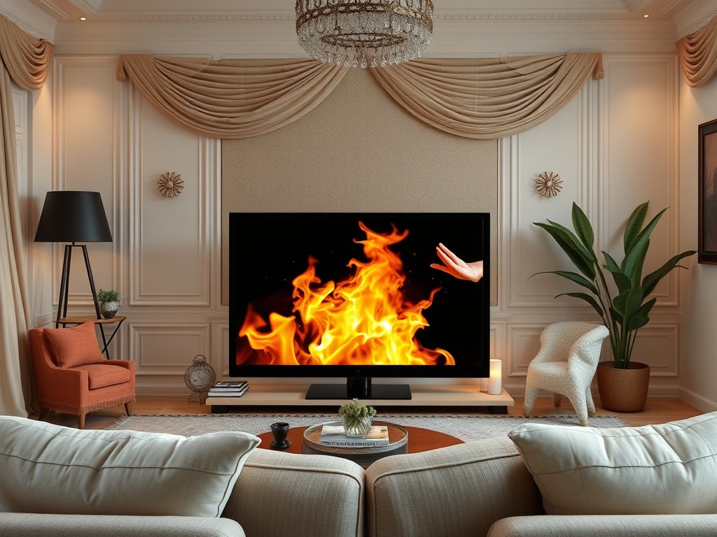 Современная гостиная с телевизором, на экране изображен огонь, уютная атмосфера и зеленые растения.