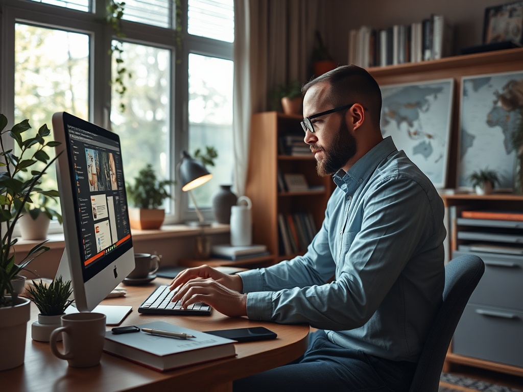 Человек в очках работает за компьютером в уютном офисе, окружённом растениями и книгами.