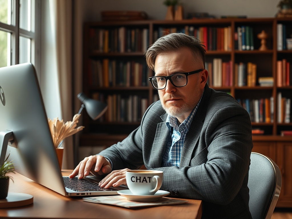 Мужчина в костюме работает за компьютером, на столе кружка с надписью "CHAT" и книги на полках.