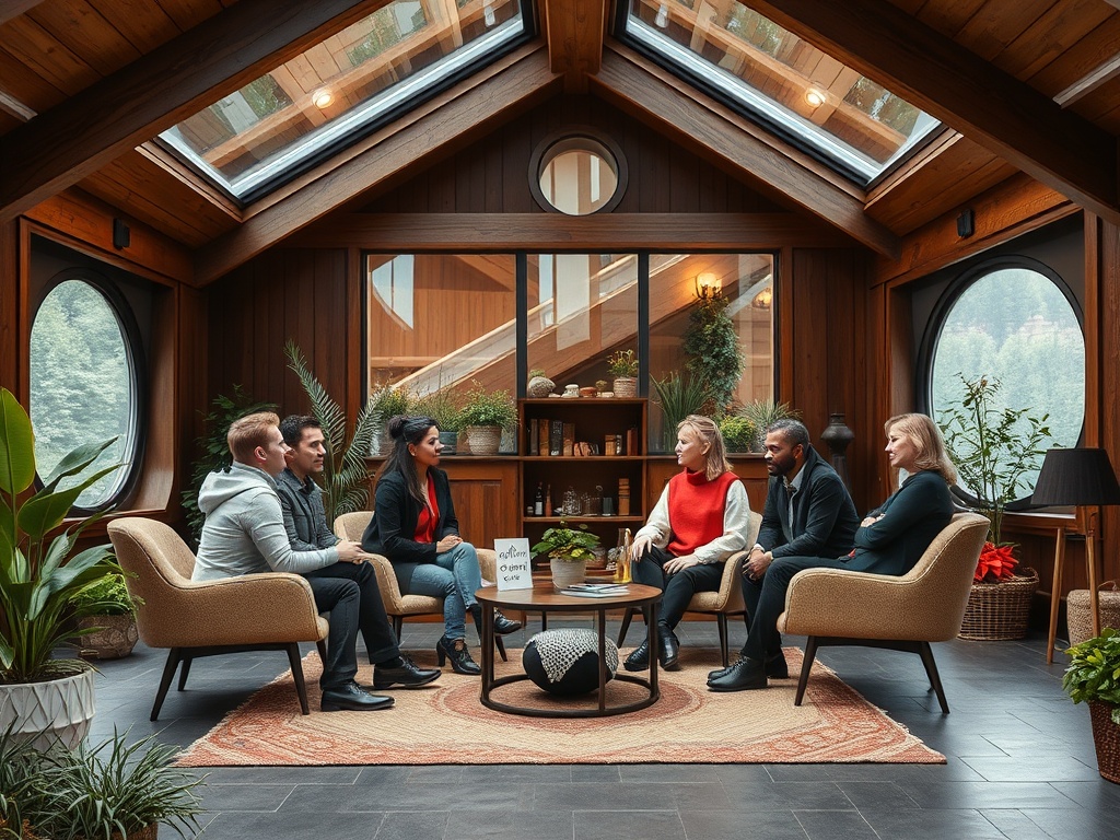 Группа людей в уютном помещении с большими окнами, обсуждают что-то, окружённые растениями и уютным декором.