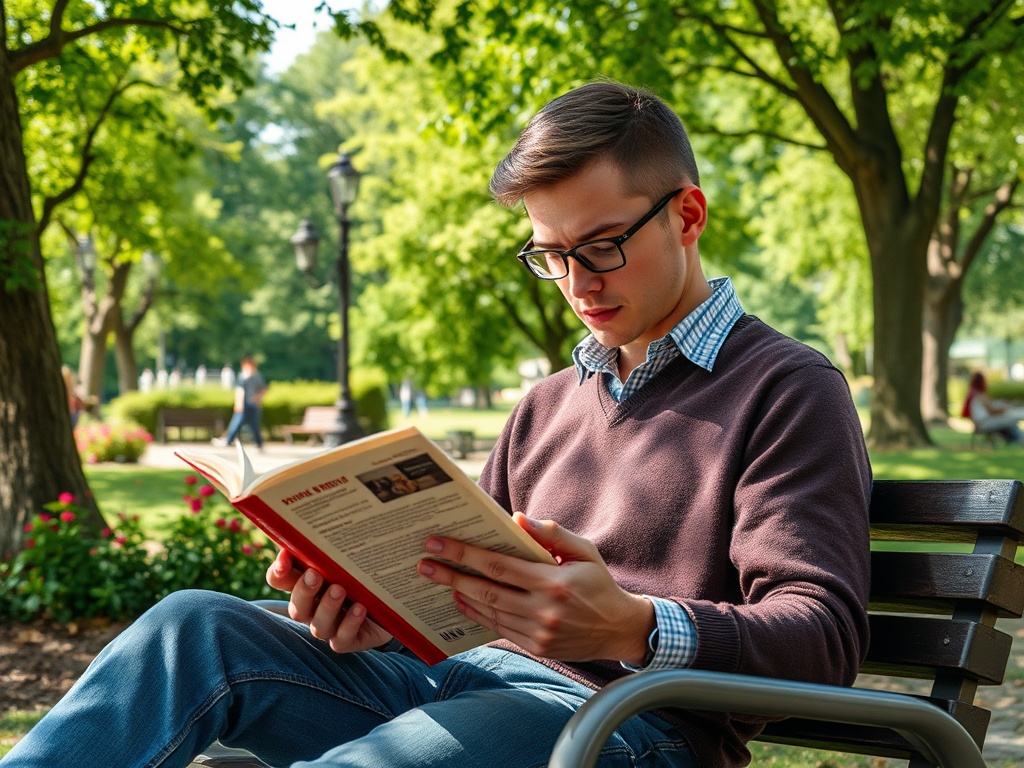Молодой человек в очках читает книгу на скамейке в парке в окружении зелени.