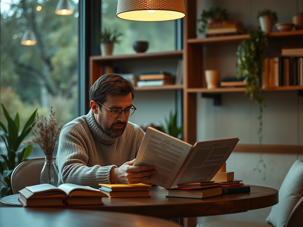 Человек в свитере читает документы за круглым столом, рядом с книгами и растениями. Уютная атмосфера.