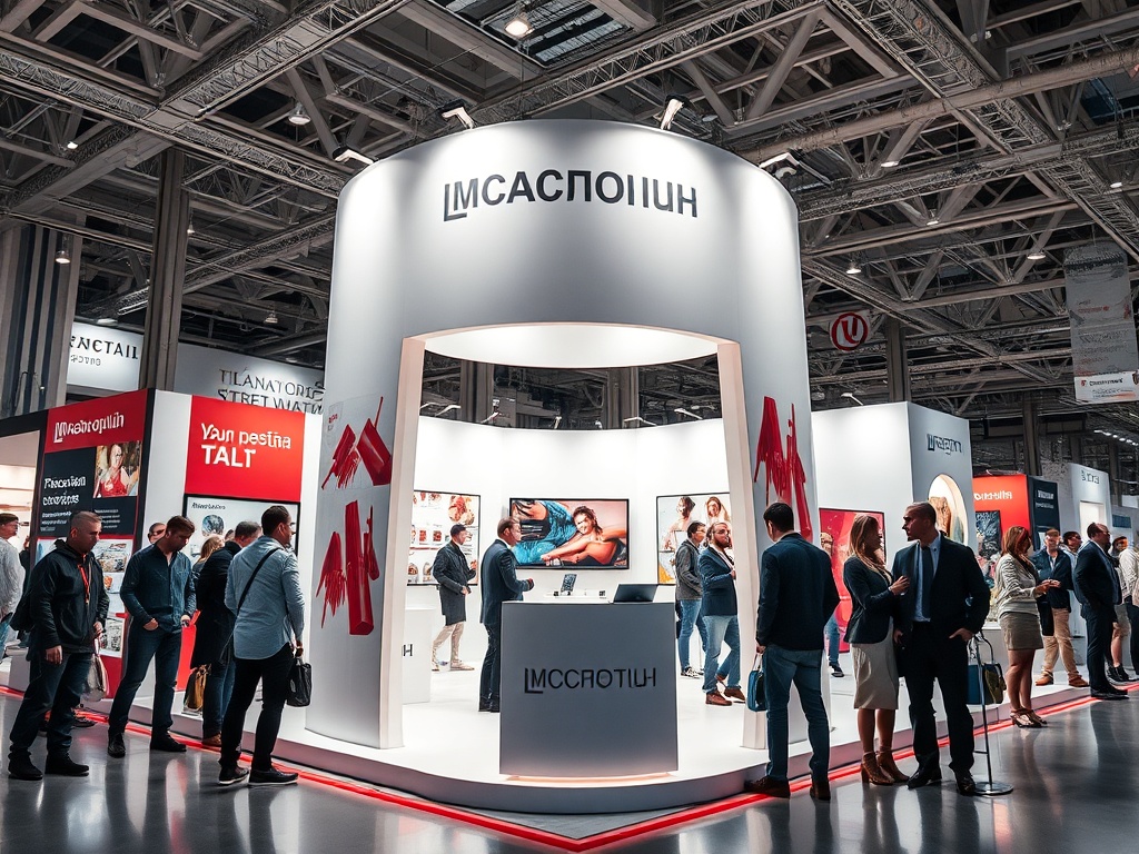 Выставочный стенд с участниками, обсуждающими продукцию на мероприятии в современном выставочном центре.